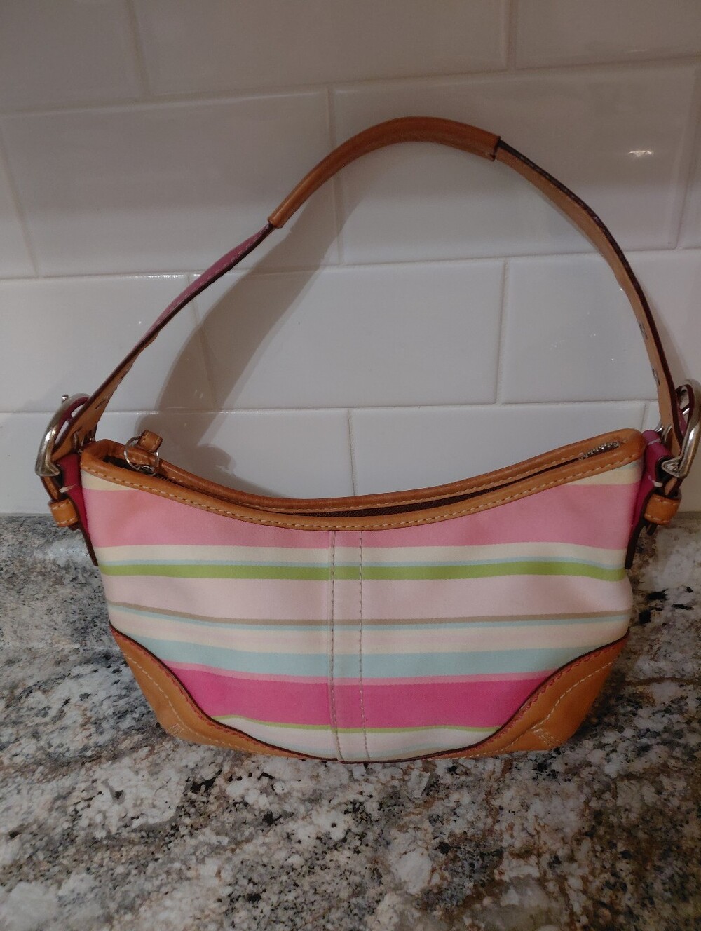 Coach Small Soho Pastel Pink Stripe Hobo with Tan Leather Trim 1884 No Hangtag